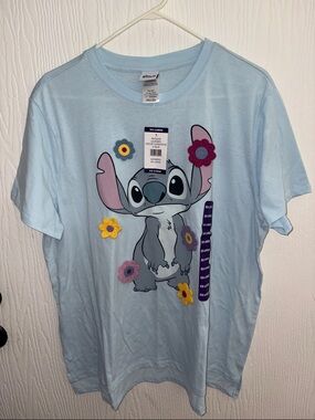 NWT Disney XXL Light Blue Stitch Tee with Crochet Floral Appliqués
